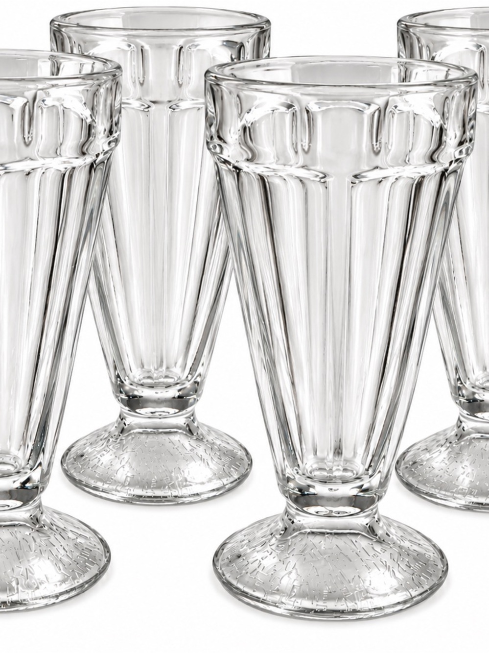 Set of 4 Clear Ribbed Footed Milkshake Soda Fountain Glasses Vintage Style